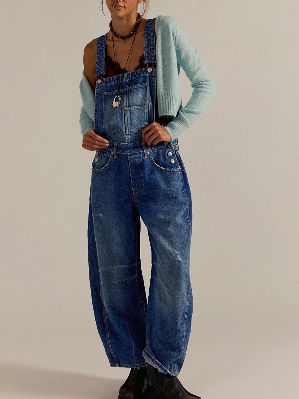 NWT Free People Good Luck Barrel Overalls in Blue Glory size L